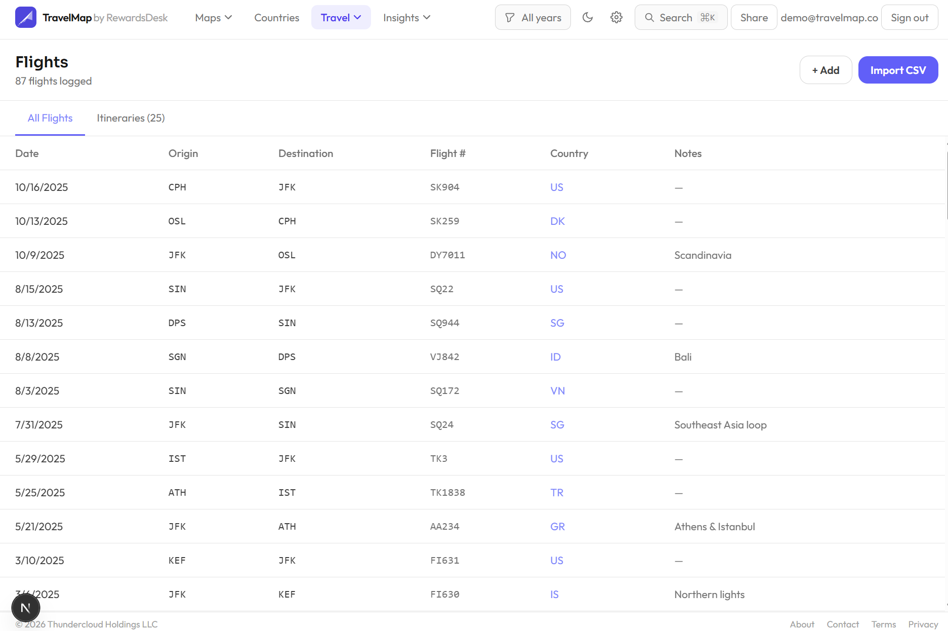 Flight log showing routes and airlines