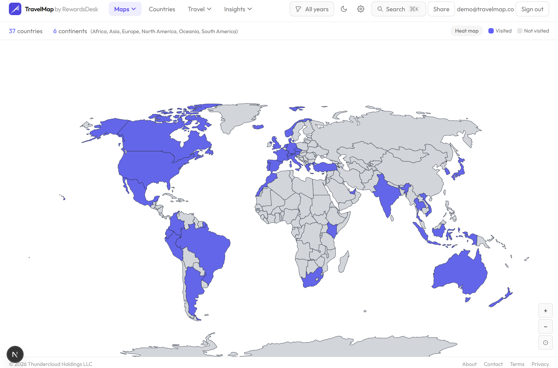 TravelMap world map showing visited countries highlighted in indigo